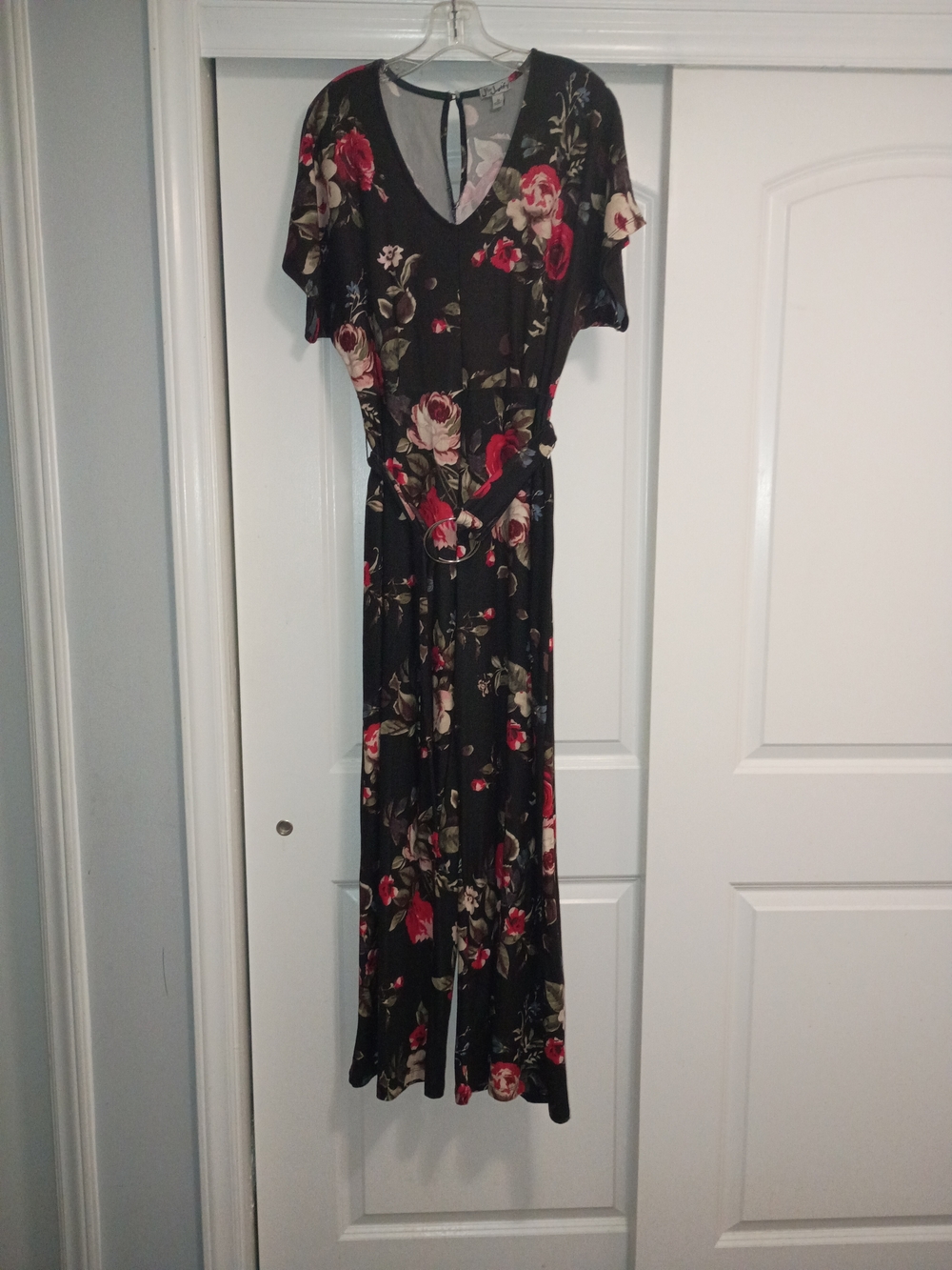 J for Justify Black Floral V‑Neck Jumpsuit with Red and Cream Roses